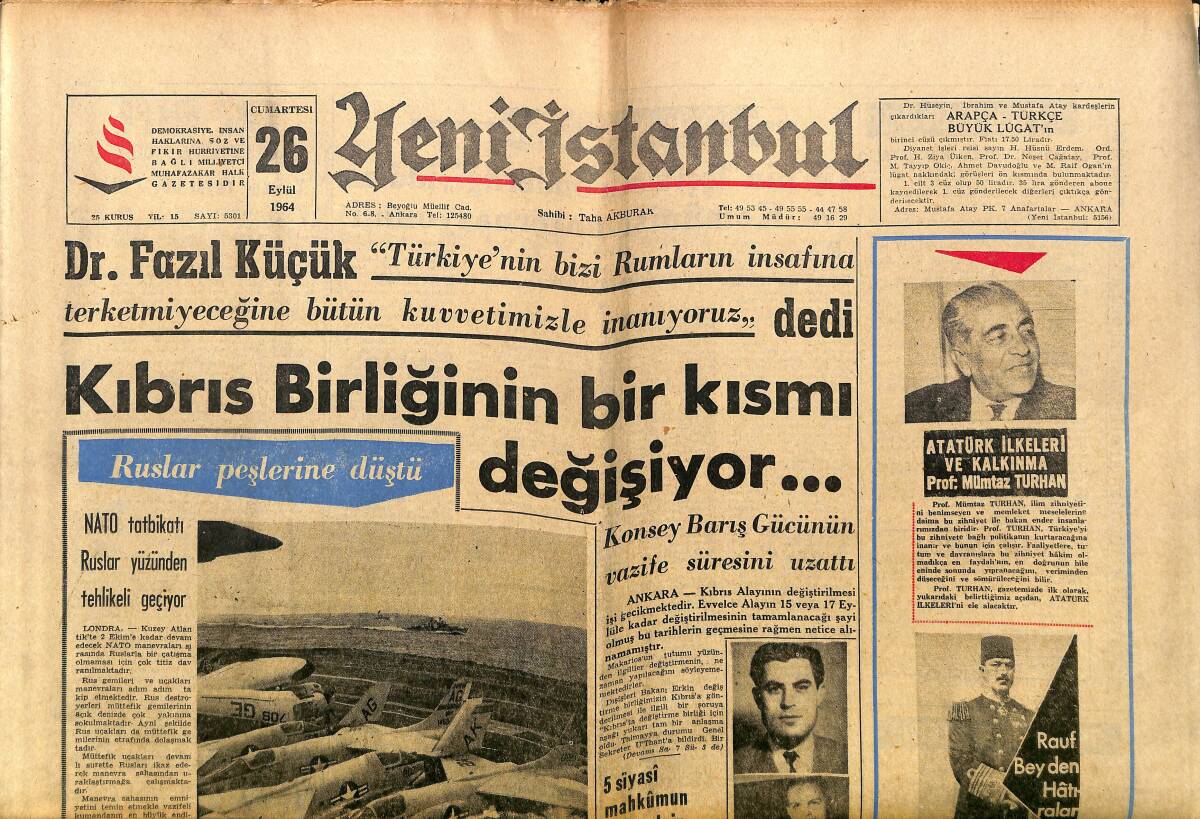 Yeni İstanbul Gazetesi 26 Eylül 1964 - Kıbrıs Birliğinin Bir Kısmı Değişiyor... - Kasımpaşalı Raşit Beşiktaş'a Gelecek GZ140371 - 1