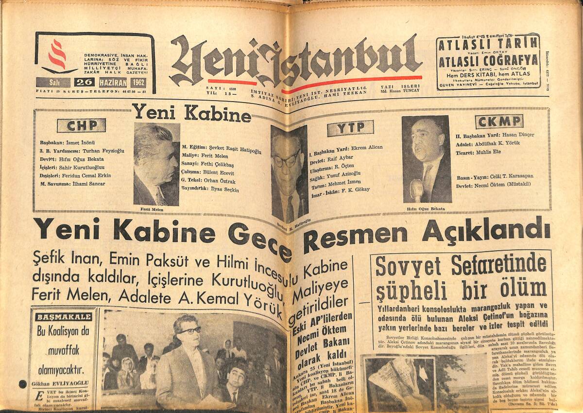 Yeni İstanbul Gazetesi 26 Haziran 1962 - Sovyet Sefaretinde Şüpheli Bir Ölüm - Amerikan Filosu Gemisi Pasifikte Manevra Yapıyor GZ143349 - 1