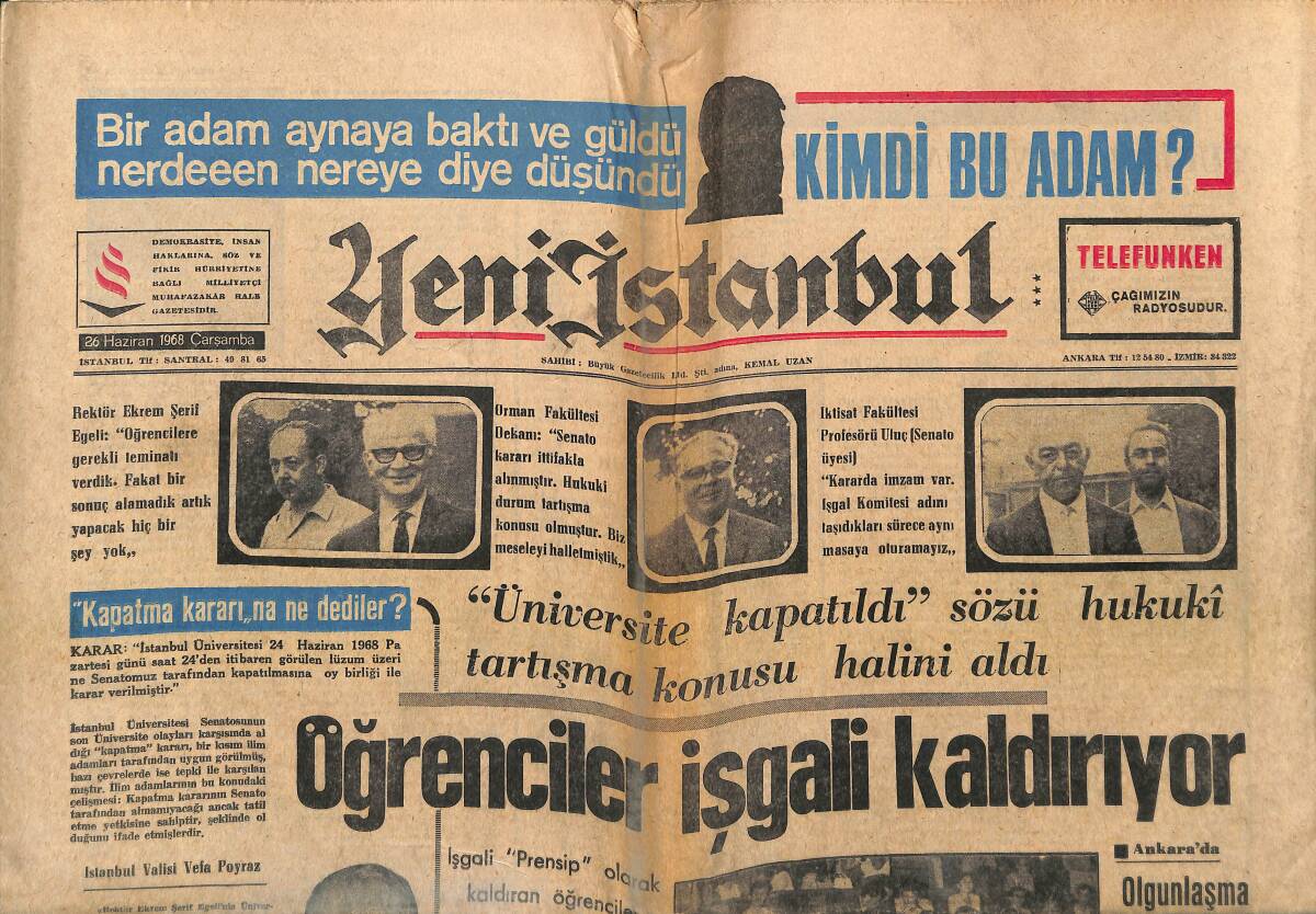 Yeni İstanbul Gazetesi 26 Haziran 1968 - Washington'da Olağanüstü Hal İlan Edildi - İşgal Devam Ederse İTÜ Tatil Edilecek GZ152651 - 1