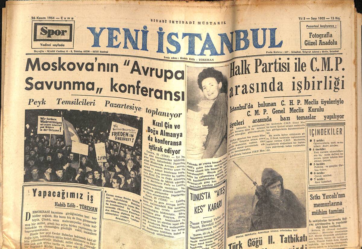 Yeni İstanbul Gazetesi 26 Kasım 1954 - Tunus'ta Ateşkes Kararı - Galatasaray Farkla Mağlup Oldu 7-0 GZ134721 - 1