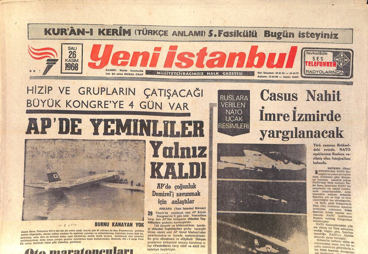 Yeni İstanbul Gazetesi 26 Kasım 1968 - Fenerbahçe Ajax Maçına Hazır - Casus Nahit İmre İzmir'de Yargılanacak GZ156857 - 1