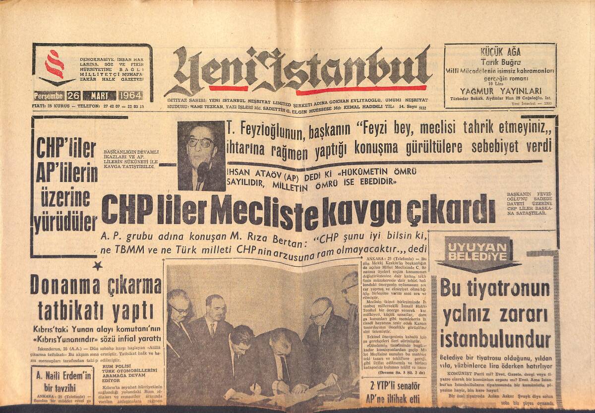 Yeni İstanbul Gazetesi 26 Mart 1964 - Donanma Çıkarma Tatbikatı Yaptı - CHP'liler Mecliste Kavga Çıkardı GZ158759 - 1