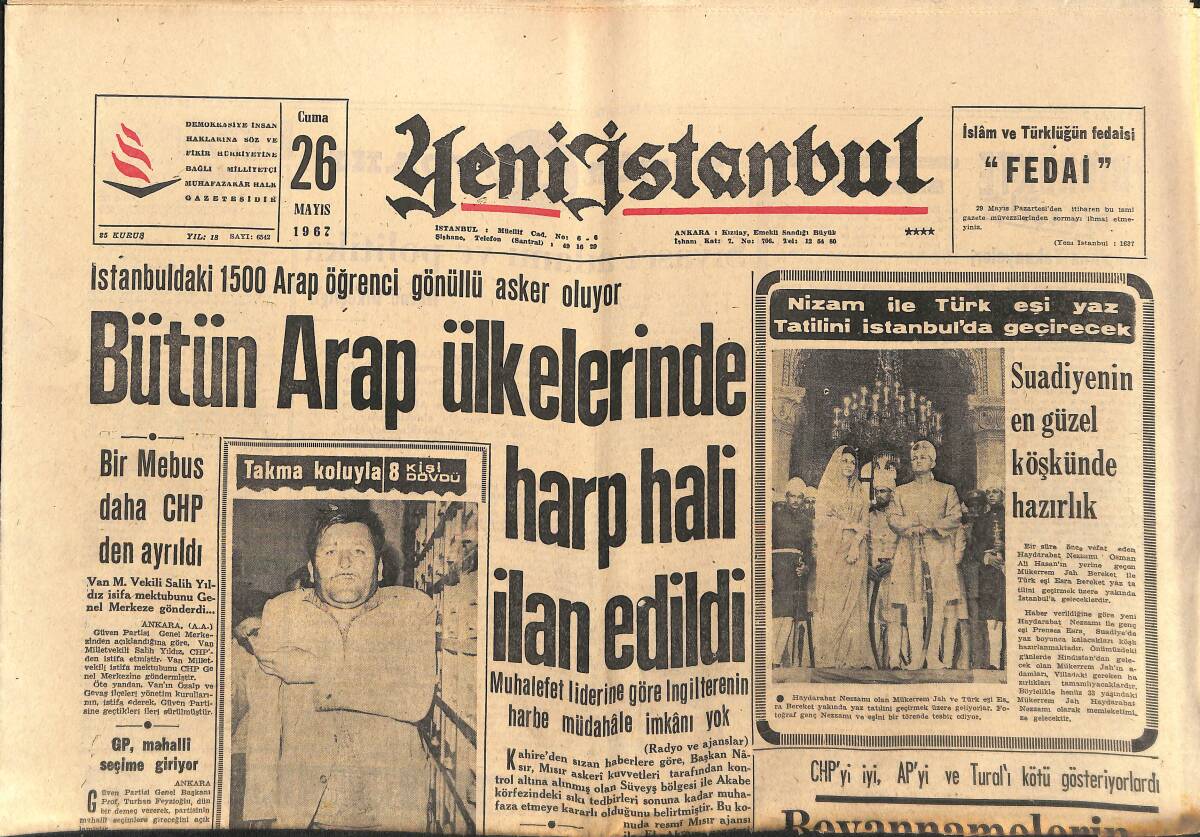 Yeni İstanbul Gazetesi 26 Mayıs 1967 - Türkistan'da Ayaklanma - Bütün Arap Ülkelerinde Harp Hali İlan Edildi GZ150857 - 1
