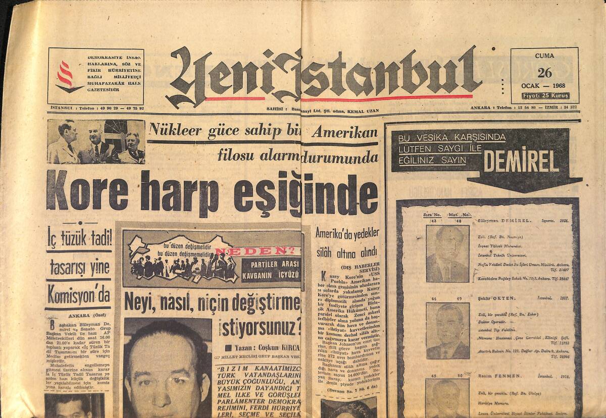 Yeni İstanbul Gazetesi 26 Ocak 1968 - Kore Harp Eşiğinde - İsmet İnönü , Dün Konferans Vermedi GZ158735 - 1