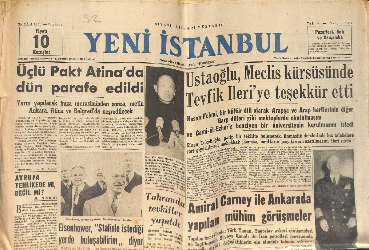 Yeni İstanbul Gazetesi 26 Şubat 1953 - Amiral Carney İle Ankara'da Yapılan Görüşmeler - Harp Sonu Avrupası'nın Karşılaştığı Sorunlar GZ132693 - 1
