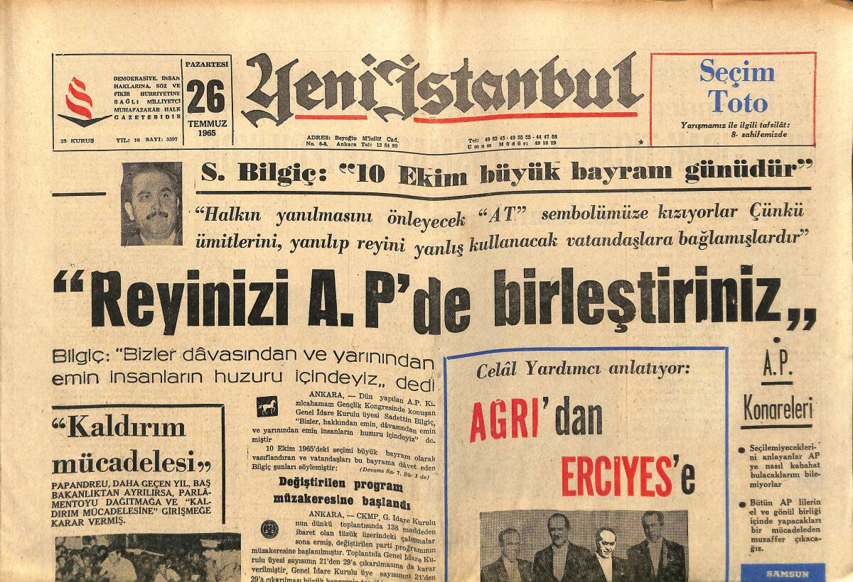 Yeni İstanbul Gazetesi 26 Temmuz 1965 - Reyinizi A. P'de Birleştiriniz - Ormanlar Kralı Aslan İçin Londra'da Sergi Açıldı! GZ140386 - 1