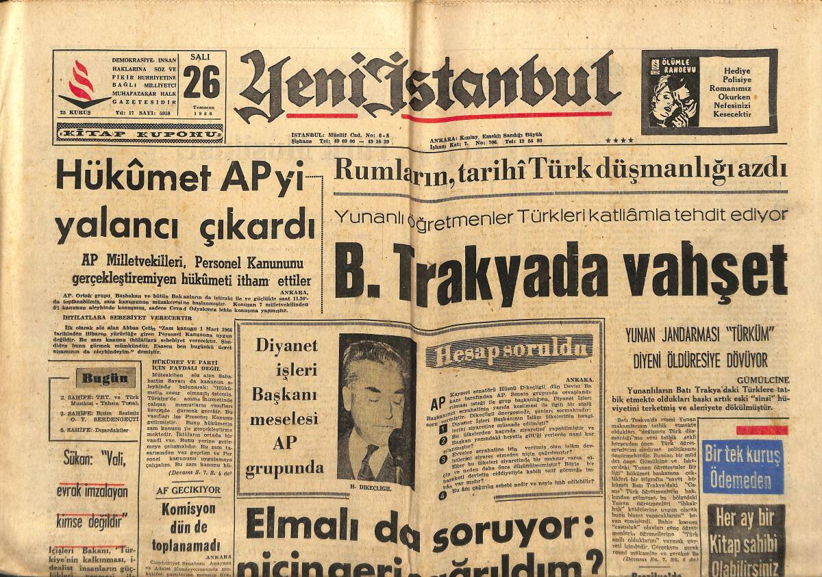 Yeni İstanbul Gazetesi 26 Temmuz 1966 - B.Trakya'da Vahşet - Bucak Ailesinden Bir Kişi Daha Öldürüldü GZ147659 - 1