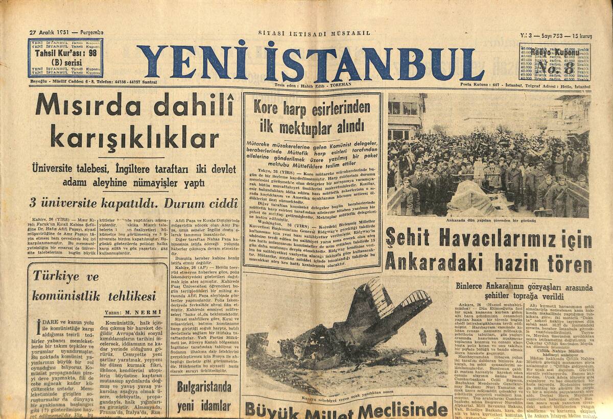 Yeni İstanbul Gazetesi 27 Aralık 1951 - Necip Fazıl , 5 Ay Hapse Mahkum Oldu - Mısır'da Dahili Karışıklıklar GZ147306 - 1