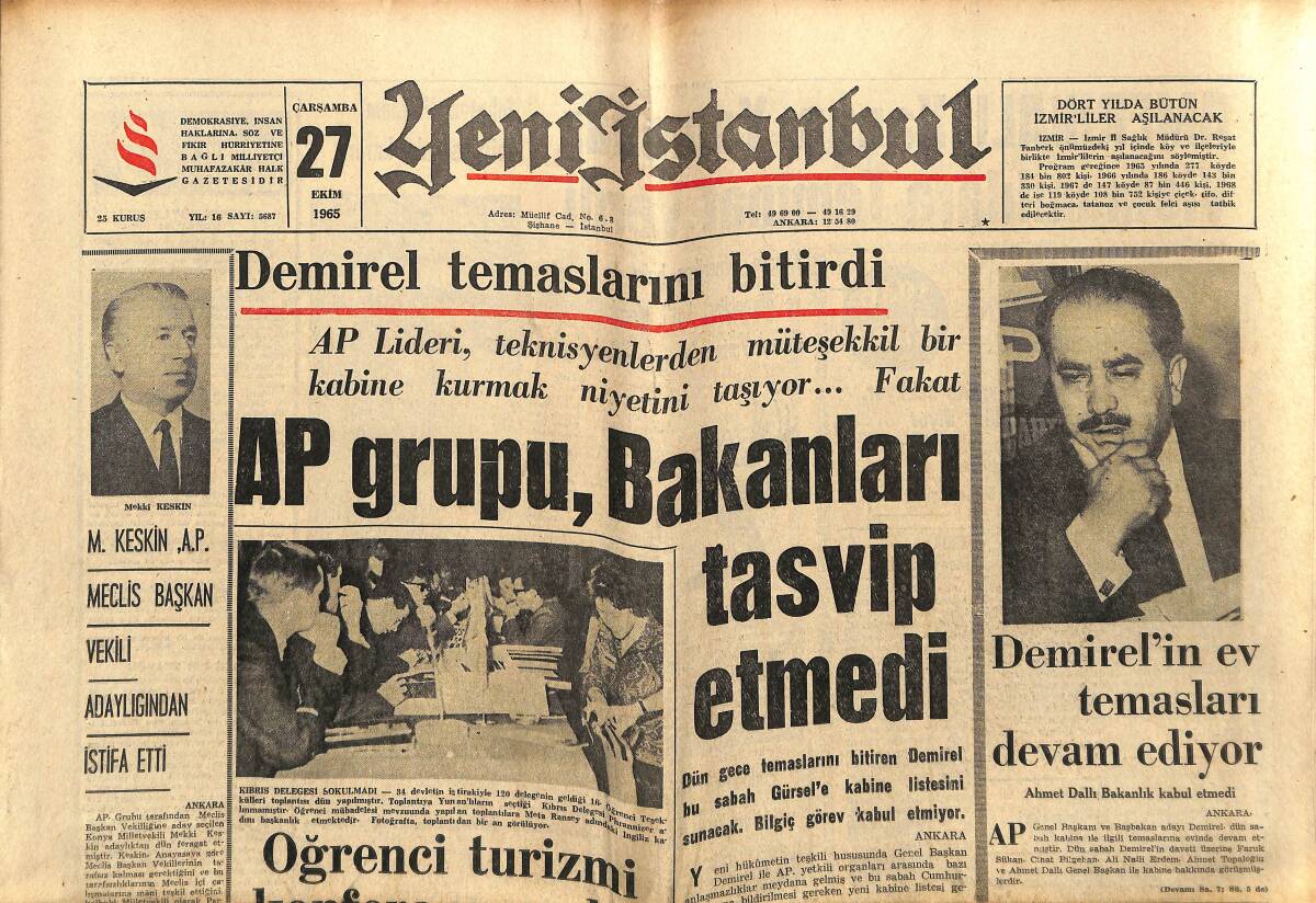 Yeni İstanbul Gazetesi 27 Ekim 1965 - Demirel'in Ev Temasları Devam Ediyor - Cevat Önder: Nazım Hikmet Vatan Hainidir GZ152645 - 1