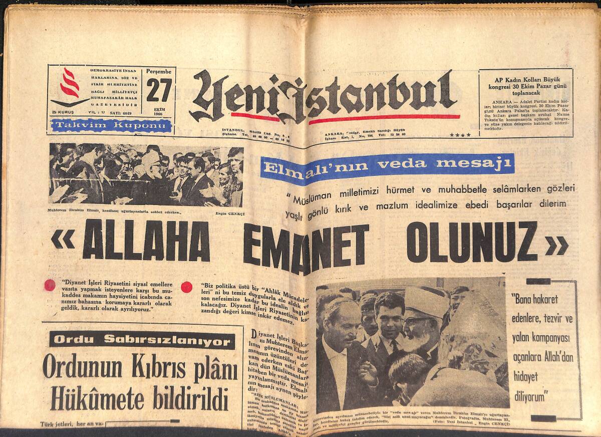 Yeni İstanbul Gazetesi 27 Ekim 1966 - Elmalı'nın Veda Mesajı - Prens Charles Burnunu Kırdı GZ151119 - 1