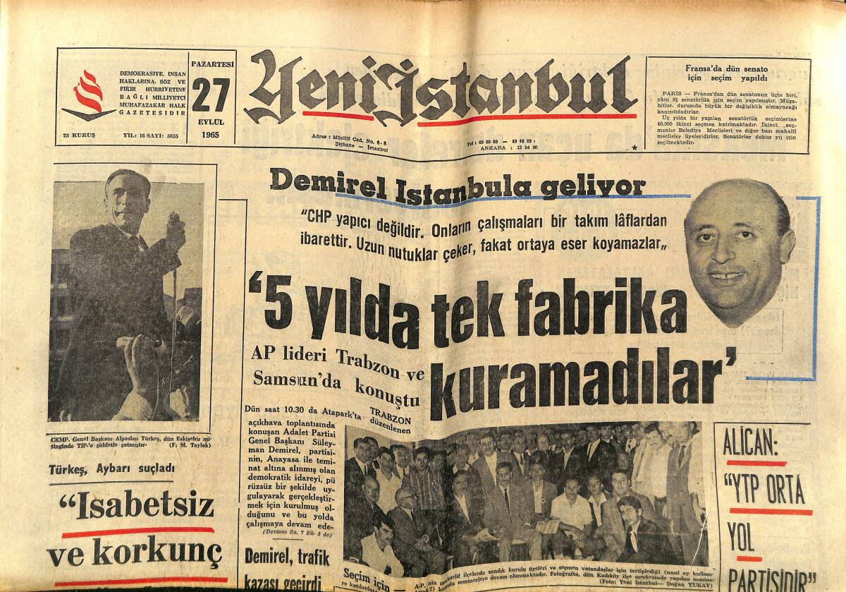Yeni İstanbul Gazetesi 27 Eylül 1965 - Türkeş, Aybar'ı Suçladı - TRT'nin 150 Bin Liralık Bantları Kayboldu GZ152687 - 1