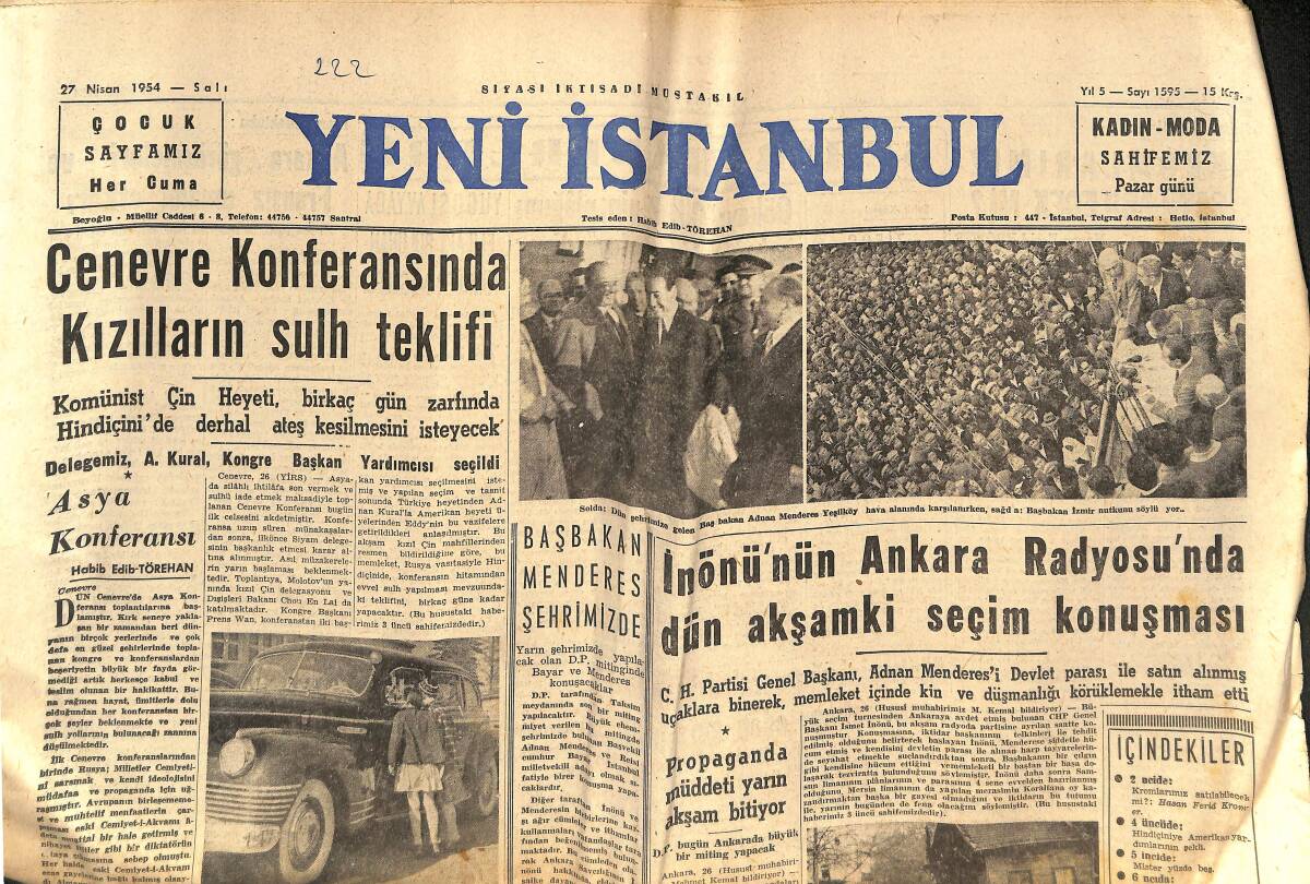 Yeni İstanbul Gazetesi 27 Nisan 1954 - İnönü'den Ankara Radyosunda Seçim Konuşması - Adnan Menderese Hesap Sorulacak GZ133298 - 1