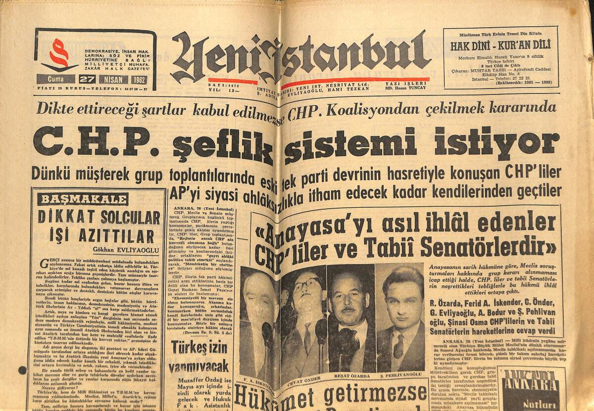 Yeni İstanbul Gazetesi 27 Nisan 1962 - CHP Şeflik Sistemi İstiyor - Kennedy Aile İşleri - Can Bartu Dün Nikahlandı GZ148962 - 1