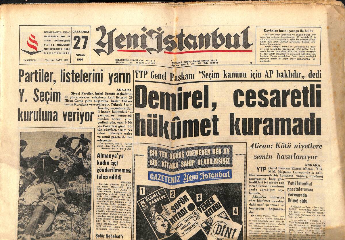 Yeni İstanbul Gazetesi 27 Nisan 1966 - Demirel, Cesaretli Hükümet Kuramadı - B. Almanya Elçiliğimiz Skandala Sebep Oldu GZ150796 - 1