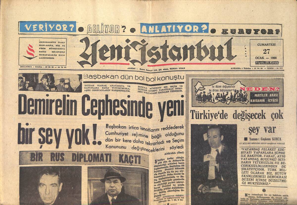 Yeni İstanbul Gazetesi 27 Ocak 1968 - İstanbul'da da Derslere Boykot Başladı - Demirel'in Cephesinde Yeni Bir Şey Yok ! GZ158741 - 1
