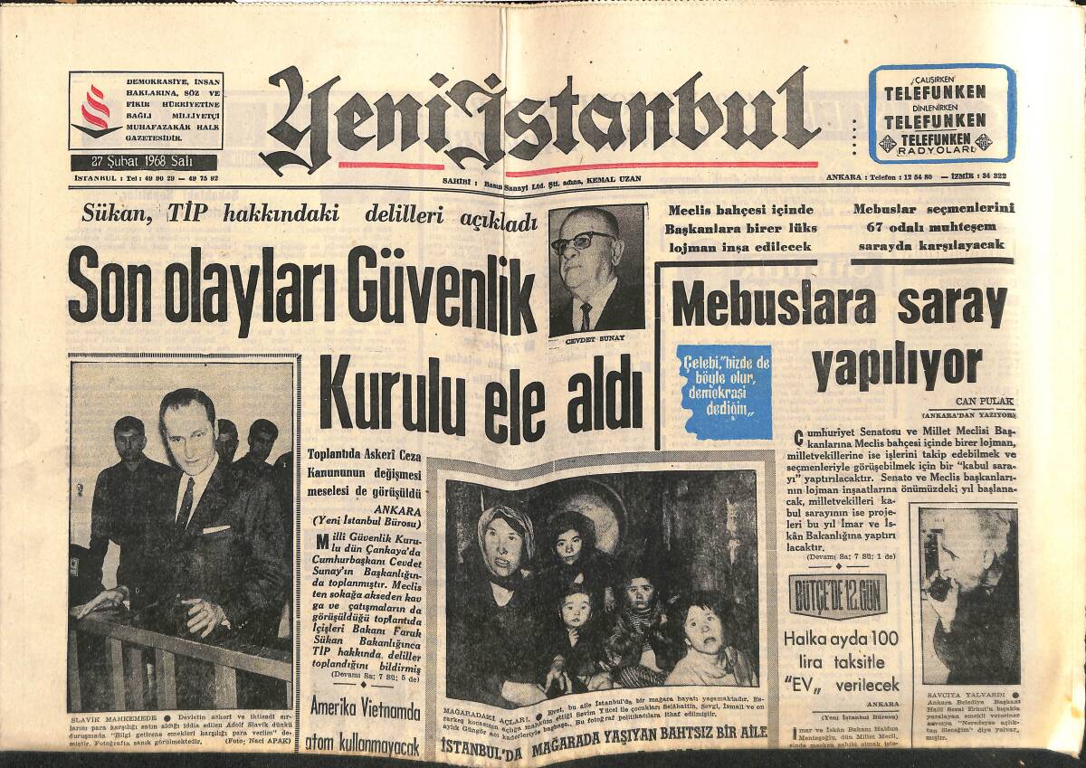 Yeni İstanbul Gazetesi 27 Şubat 1968 - Mebuslara Saray Yapılıyor - Makarios Oyların Yüzde 95'ini Aldı GZ152750 - 1