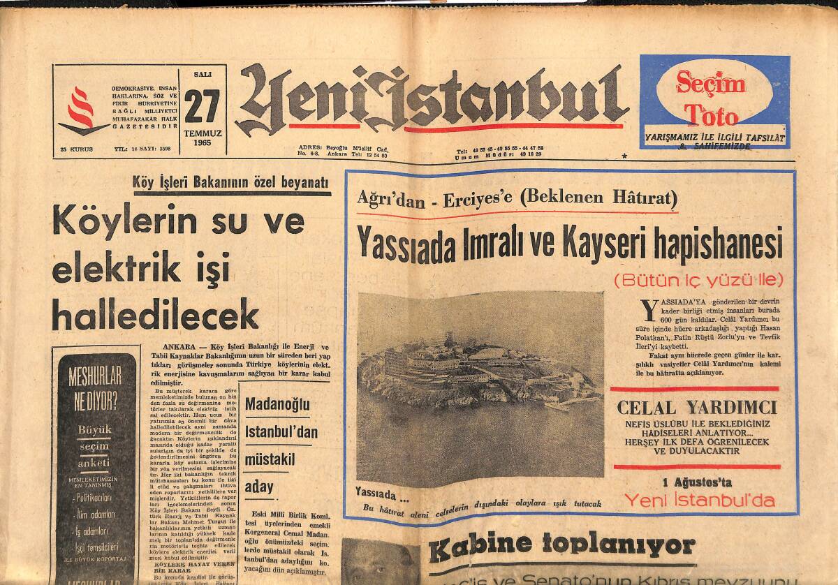 Yeni İstanbul Gazetesi 27 Temmuz 1965 - 3 Bakan Bugün Belli Oluyor - Alpaslan Türkeş, Bazı Gazeteleri Cemal Gürsel'e Şikayet Etti! GZ140387 - 1