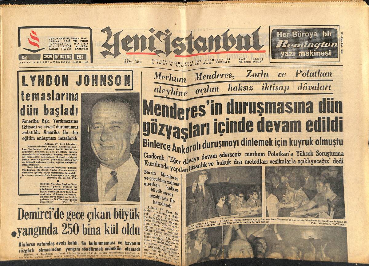Yeni İstanbul Gazetesi 28 Ağustos 1962 - Menderes'in Duruşmasına Gözyaşları İçinde Devam Edildi GZ151163 - 1