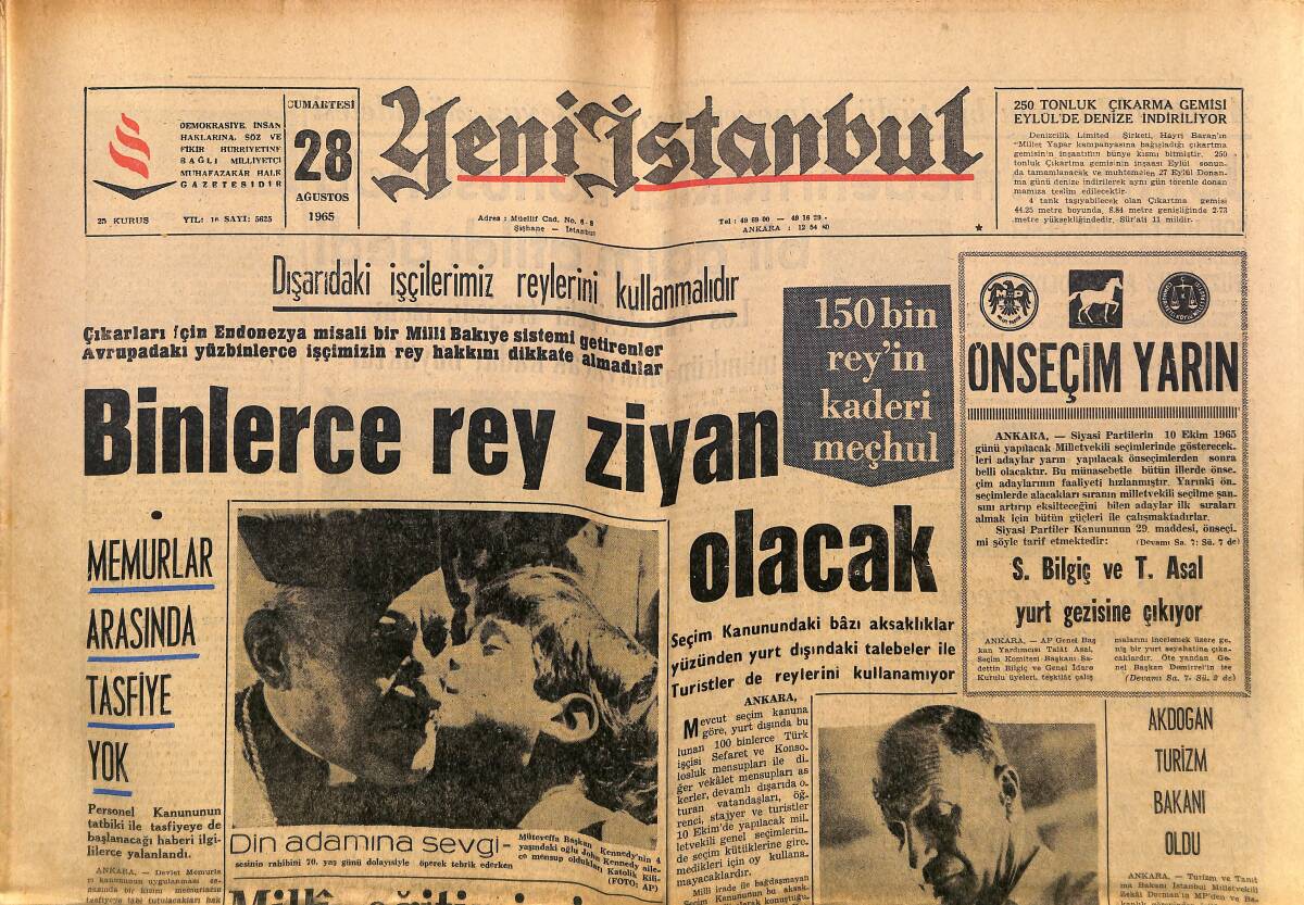 Yeni İstanbul Gazetesi 28 Ağustos 1965 - Nasır Ve Yardımcısı Mekke'de - Üniversiteler Kapatıldı GZ152804 - 1