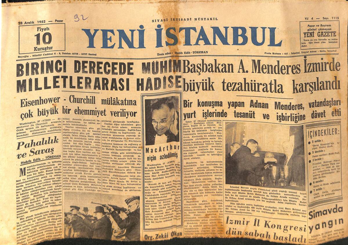 Yeni İstanbul Gazetesi 28 Aralık 1952 - Adnan Menderes İzmir'de Büyük Coşkuyla Karşılandı - Simavda Yangın - Mısır'da Toprak Reformu GZ133250 - 1