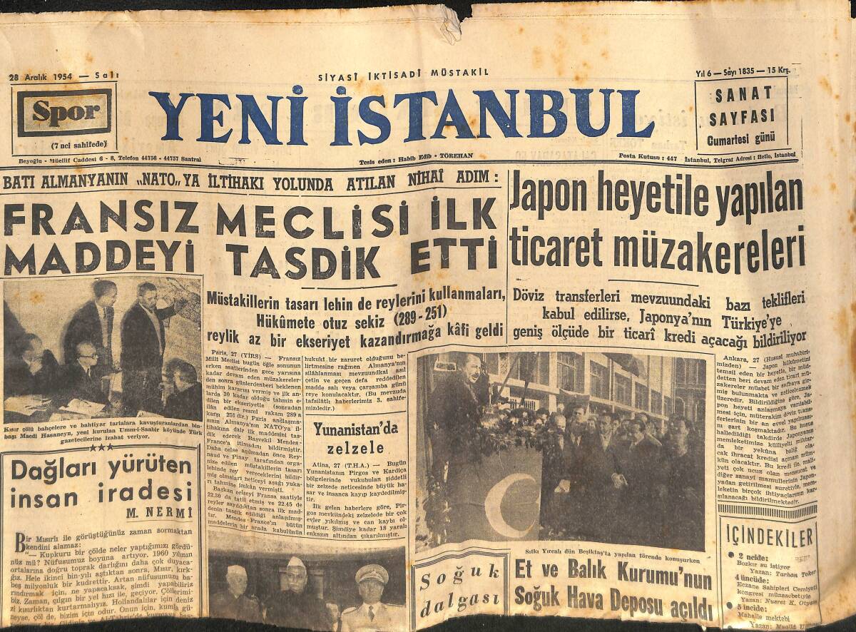 Yeni İstanbul Gazetesi 28 Aralık 1954 - Fransız Meclisi İlk Maddeyi Tasdik Etti - Yunanistan'da Zelzele - Celal Bayar, Şubat Ayında Pakistan'a Gidecek GZ133251 - 1