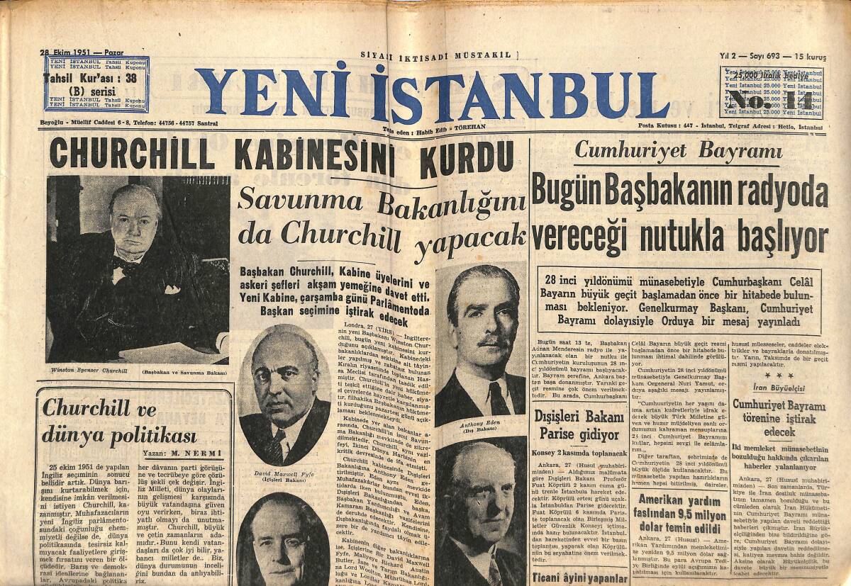Yeni İstanbul Gazetesi 28 Ekim 1951 - Churchill Ve Dünya Politikası - Katherine Hepburn, Başını Dinlemek İstiyor GZ147535 - 1