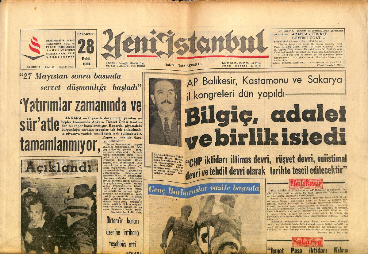 Yeni İstanbul Gazetesi 28 Eylül 1964 - Rapor: Kennedy'i Oswald Öldürdü - Kulüpler Arası Atletizmde Galatasaray Şampiyon Oldu! GZ140361 - 1