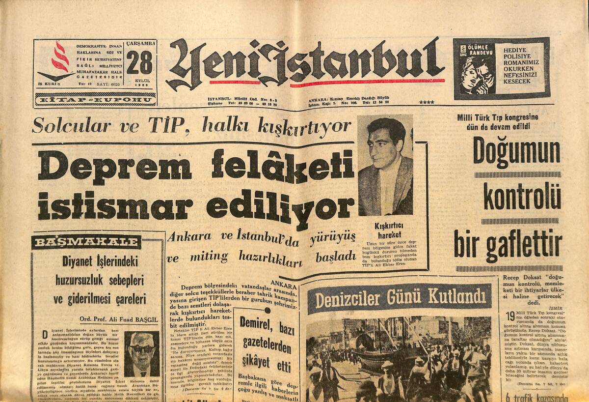 Yeni İstanbul Gazetesi 28 Eylül 1966 - Deprem Felaketi İstismar Ediliyor - Ankara'nın En Büyük Sinemalarından Biri Dün Yandı! GZ140521 - 1