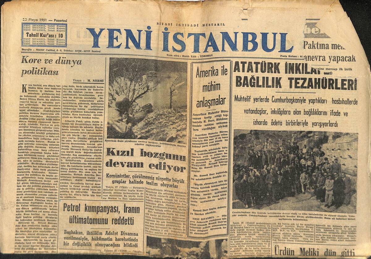 Yeni İstanbul Gazetesi 28 Mayıs 1951 - Avusturya Cumhurbaşkanı Dün Seçildi - Kızıl Bozgunu Devam Ediyor GZ147314 - 1