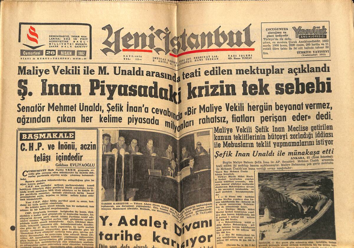 Yeni İstanbul Gazetesi 28 Nisan 1962 - Lefter Hakkında İdari Tedbir Kararı Alındı - Şefik İnan Piyasadaki Krizin Tek Sebebi GZ149011 - 1