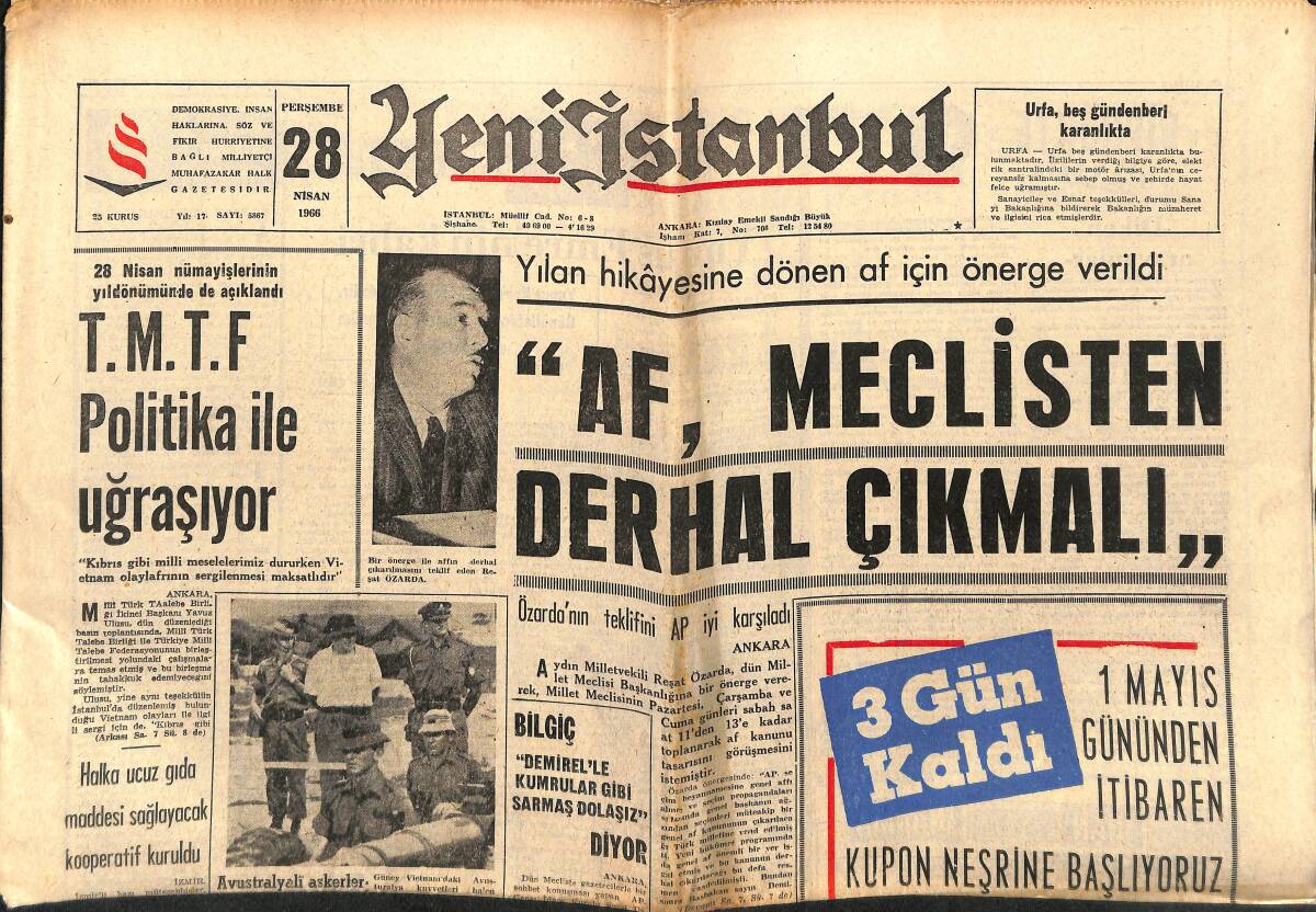 Yeni İstanbul Gazetesi 28 Nisan 1966 - 1966 NATO Tatbikatını Türk Kumandanları İdare Edecek - Elazığ'da CHP Çöküyor GZ150795 - 1