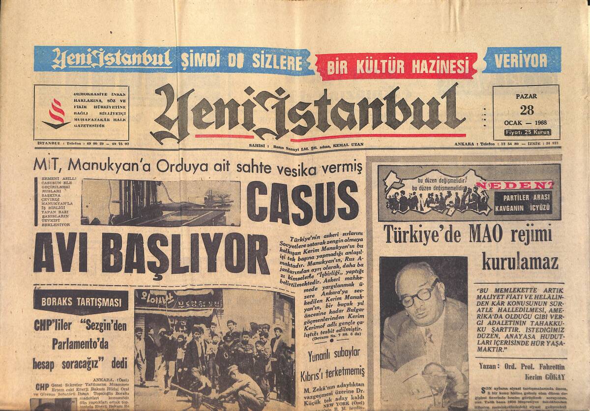 Yeni İstanbul Gazetesi 28 Ocak 1968 - Türkiye'de MAO Rejimi Kurulamaz - Sunay Libya'da GZ158746 - 1