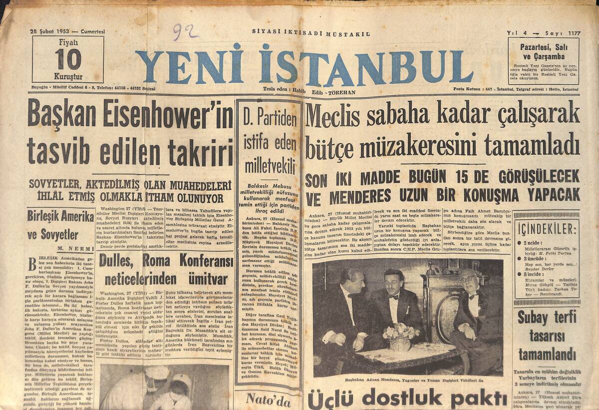 Yeni İstanbul Gazetesi 28 Şubat 1953 - Başbakan Adnan Menderes, Yugoslav Ve Yunan Dış İşleri Vekilleri İle - Bulgaristan Yugoslavya'ya Bir Nota Verdi GZ132698 - 1