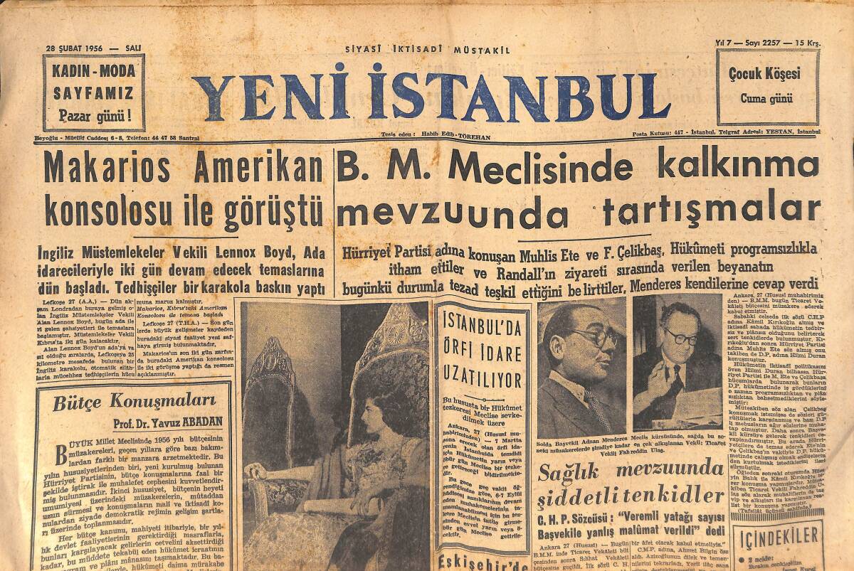 Yeni İstanbul Gazetesi 28 Şubat 1956 - Kraliçe Süreyya İran Şahını Bekliyor - Makarios Amerikan Konsolu İle Görüştü GZ132750 - 1