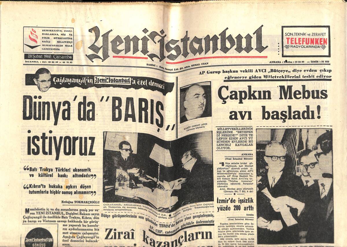 Yeni İstanbul Gazetesi 28 Şubat 1968 - Galatasaray Kampta, Fenerbahçe Hazırlanıyor - Çapkın Mebus Avı Başladı! GZ143276 - 1
