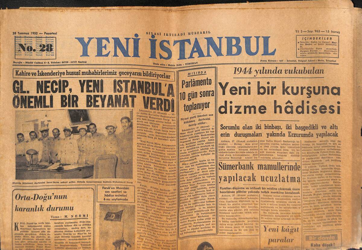 Yeni İstanbul Gazetesi 28 Temmuz 1952 - GL. Necip, Yeni İstanbul'a Önemli Bir Beyanat Verdi - Madam Evita Peron Öldü GZ133999 - 1