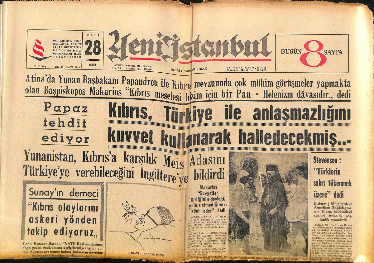 Yeni İstanbul Gazetesi 28 Temmuz 1964 - Papaz Tehdit Ediyor - Rochester Şehrini Zenciler Tahrip Ve Talan Ettiler! GZ140380 - 1
