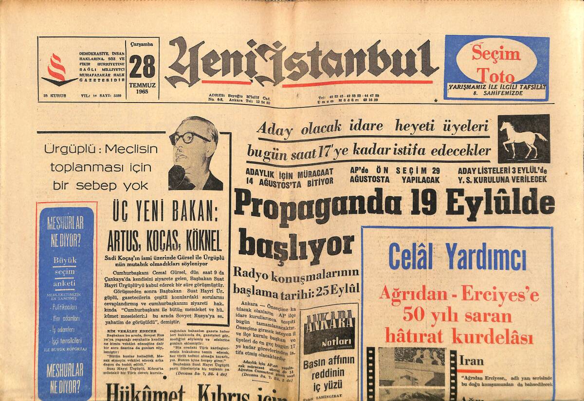 Yeni İstanbul Gazetesi 28 Temmuz 1965 - Propaganda 19 Eylül'de Başlıyor - Hükümet Kıbrıs İçin Her Teşebbüs'e Azimli! GZ140388 - 1