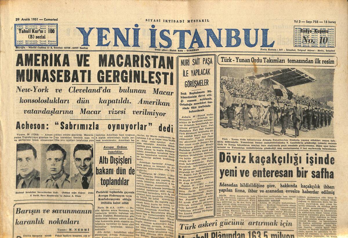 Yeni İstanbul Gazetesi 29 Aralık 1951 - Marshall Plânından 163.5 Milyon Türk Lirası Serbest Bırakıldı GZ147310 - 1