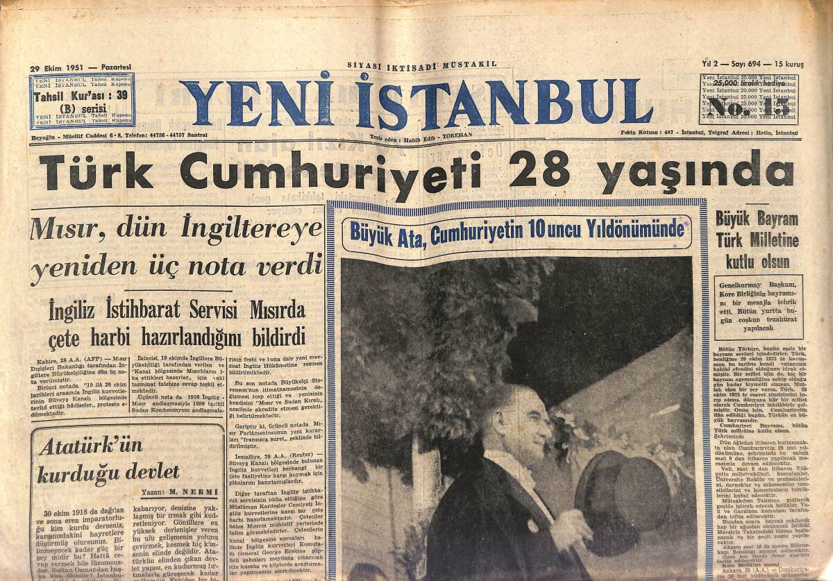 Yeni İstanbul Gazetesi 29 Ekim 1951 - Türk Cumhuriyeti 28 Yaşında - Şahı Devirmek İçin Bir Komplo - Arsenal-Tottenham GZ147536 - 1