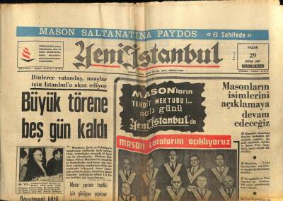 Yeni İstanbul Gazetesi 29 Ekim 1967 - Masonların İsimlerini Açıklamaya Devam Edeceğiz GZ74918 - 1
