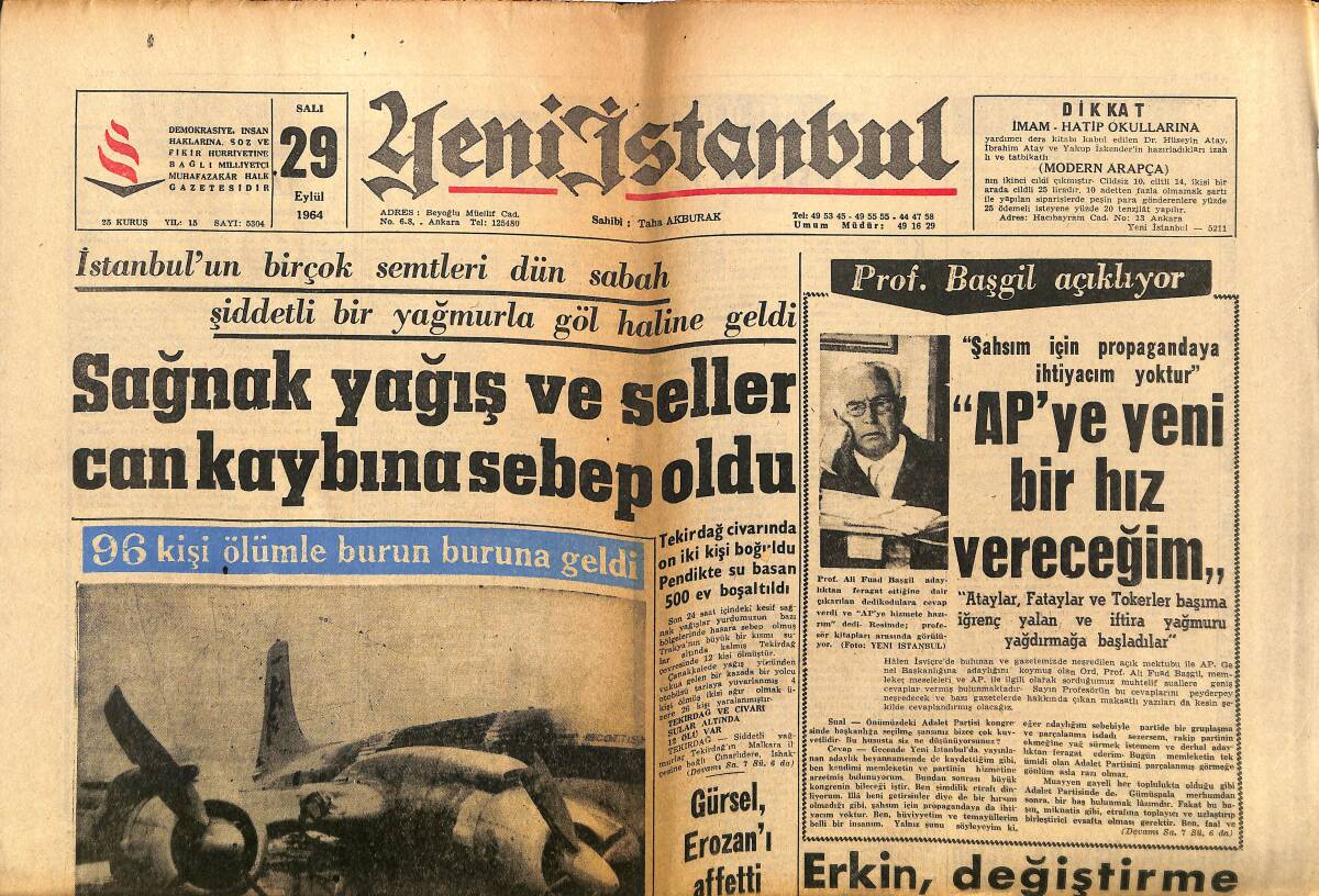 Yeni İstanbul Gazetesi 29 Eylül 1964 - Rumlar Batı Trakya'da Türklere Eziyet Ediyor -Beşiktaş Ara Transferde Yeni Elemanlar Alacak GZ140362 - 1