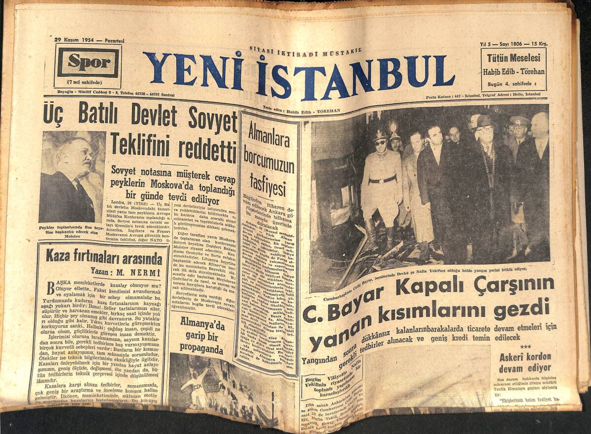 Yeni İstanbul Gazetesi 29 Kasım 1954 - Celal Bayar, Kapalı Çarşının Yanan Kısımlarını Gezdi - Denise Perrier Evlenmek Niyetinde mi ? GZ134719 - 1