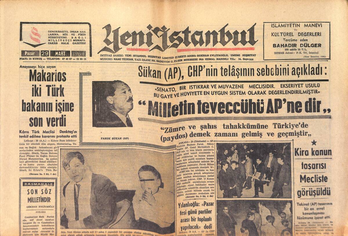 Yeni İstanbul Gazetesi 29 Mart 1964 - Makarios İki Türk Bakanın İşine Son Verdi GZ158762 - 1