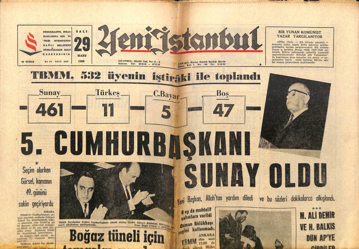 Yeni İstanbul Gazetesi 29 Mart 1966 - 5. Cumhurbaşkanı Cevdet Sunay Oldu - CHP Teşkilatı, Genel Merkeze Başkaldırdı GZ140355 - 1