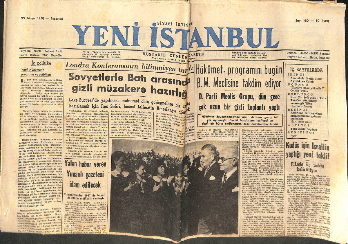 Yeni İstanbul Gazetesi 29 Mayıs 1950 - On İki Atom Aliminin Tevkifi Bekleniyor - Sovyetlerle Batı Arasında Gizli Müzakere Hazırlığı GZ142528 - 1