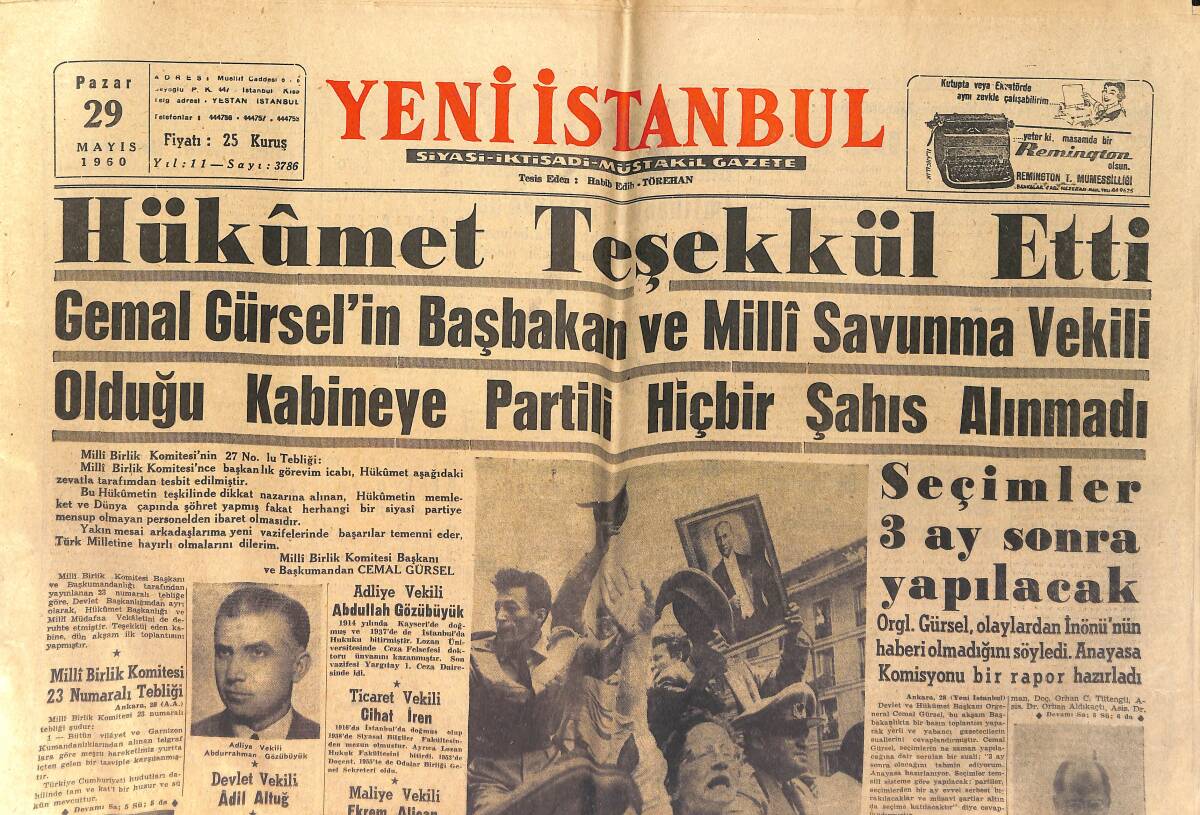 Yeni İstanbul Gazetesi 29 Mayıs 1960 - Hükümet Teşekkül Etti - Seçimler 3 Ay Sonra Yapılacak GZ153990 - 1
