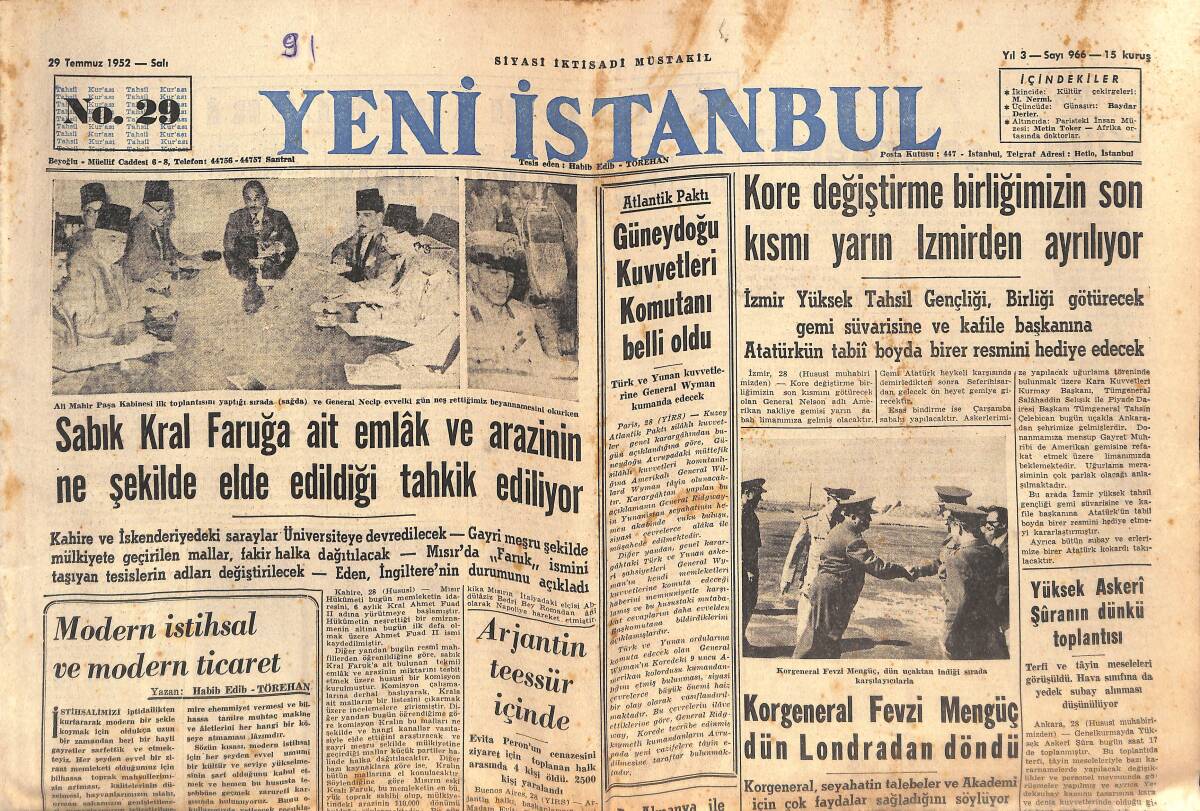 Yeni İstanbul Gazetesi 29 Temmuz 1952 - Korgeneral Fevzi Mengüç Dün Londra'dan Döndü - Eski İngiliz Albayı Şehrimizde GZ133998 - 1