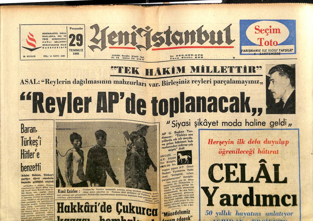 Yeni İstanbul Gazetesi 29 Temmuz 1965 - Kıbrıs İçin Emrivaki Kabul Etmeyeceğiz - Reyler AP'DE Toplanacak - Beşiktaş Yeni Mevsime Ümitli Girdi! GZ140389 - 1