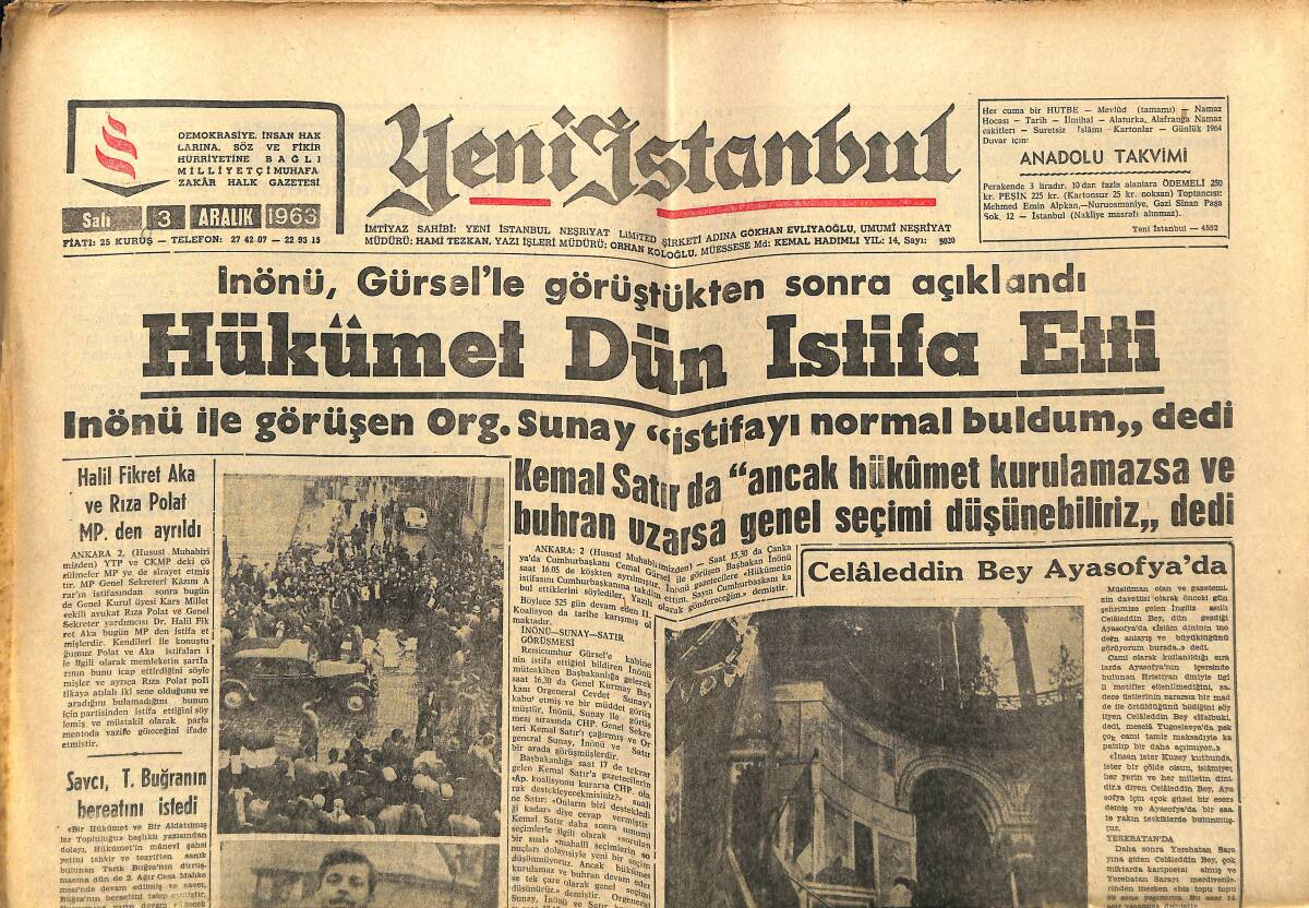 Yeni İstanbul Gazetesi 3 Aralık 1963 - Celaleddin Bey Ayasofya'da - Kürtçüler Yargılandı GZ152663 - 1